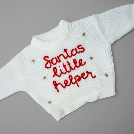 Hand Embroidered Santa's Little Helper Sweater